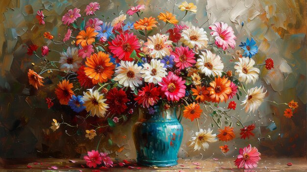 Vibrant Painting of a Blue Vase With Colorful Flowers