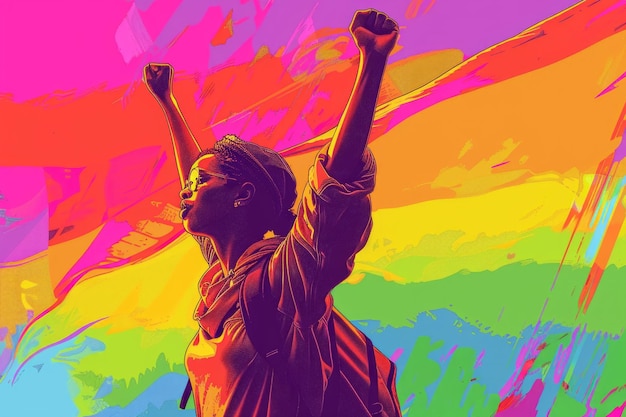 A vibrant painting capturing a person joyfully raising their arms in the air expressing freedom and empowerment