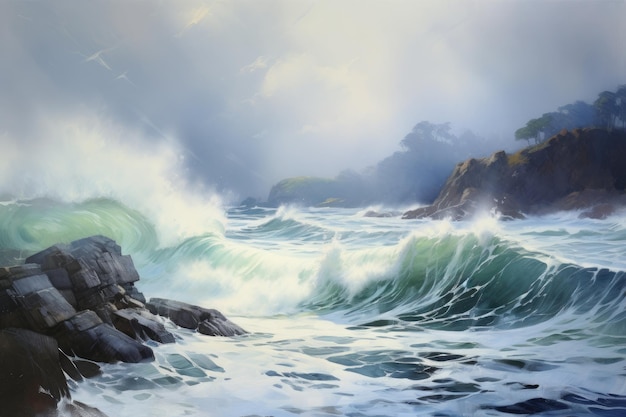 Photo a vibrant painting capturing the powerful force of waves as they collide with rugged ocean rocks a seascape on a cloudy day with crashing waves against a coastline ai generated