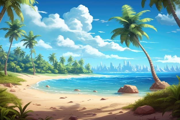 Vibrant painting capturing the serene beauty of a tropical beach adorned with majestic palm trees A tranquil beach scene during a sunny day AI Generated