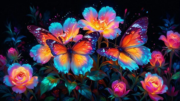 A vibrant painting of colorful butterflies and flowers against a dark black background