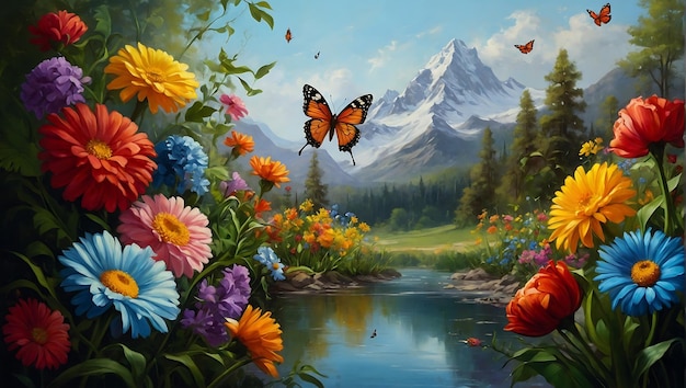 濃い黒い背景に色とりどりの蝶と花の鮮やかな絵画