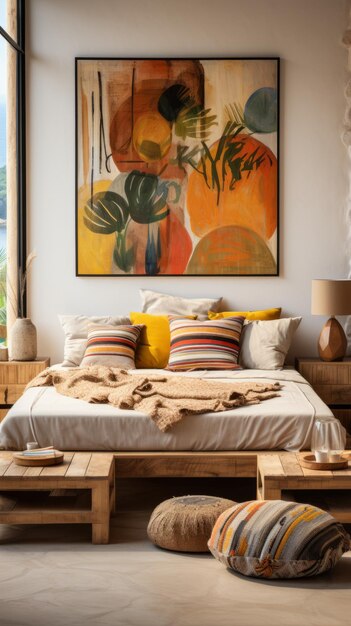 Vibrant painting and comfortable seating create a relaxing atmosphere in this bedroom