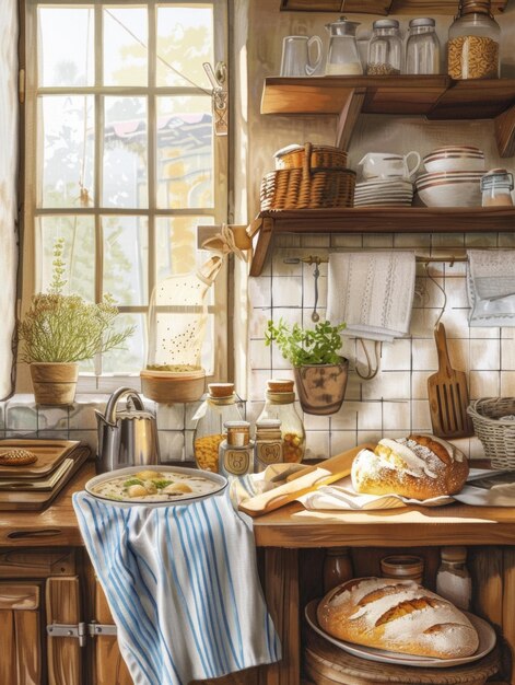 Photo a vibrant painting depicting a cozy kitchen adorned with delicious homemade bread products highlight