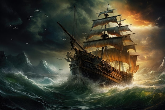 Vibrant painting depicting a pirate ship navigating treacherous waves during a tempestuous storm A pirate ship sailing in rough seas with a storm brewing in the background AI Generated