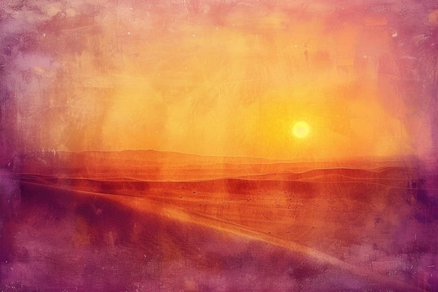 A vibrant painting depicting a sun setting over a desert road casting warm hues on the landscape