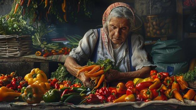 Photo a vibrant painting of an elderly woman gracefully posing amongst an array of fresh colorful vegetabl