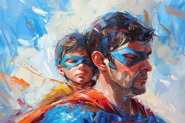 マスクとキャップを着たスーパーヒーローとして描かれた父と息子のデュオの活発な絵画