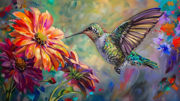 Photo a vibrant painting of a hummingbird in flight