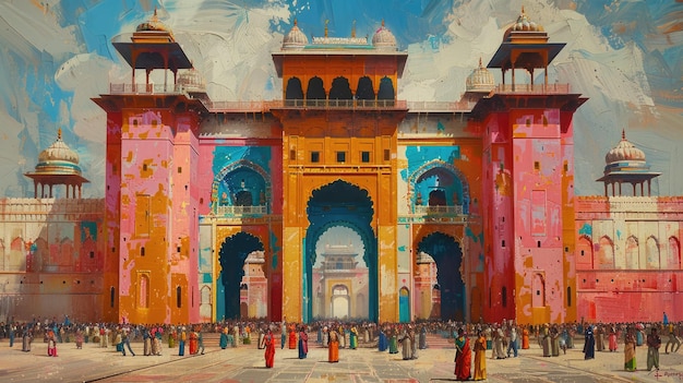 Photo vibrant painting of an indian palace with crowds of people