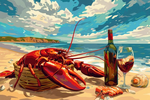 A vibrant painting of a lobster enjoying a bottle of wine on a sandy beach