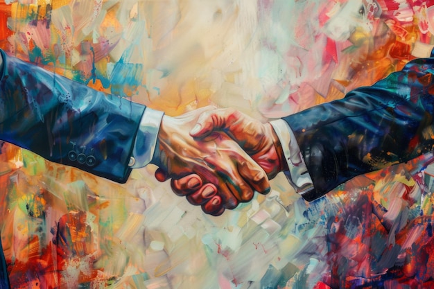 사진 파트너십과 합의를 상징하는 두 사업가의 손을 흔드는 생동감 넘치는 그림
