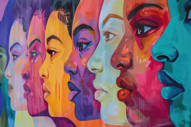 A vibrant painting showcasing a diverse group of womens faces each expressing unique emotions and identities through their nuanced features