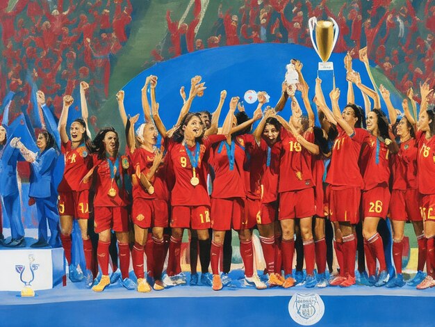 A vibrant painting of the Spanish women's national football team in victory joable moments