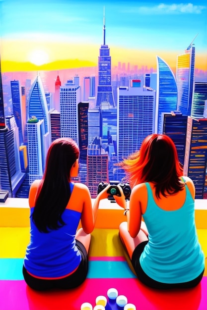 A vibrant painting of two friends playing a game