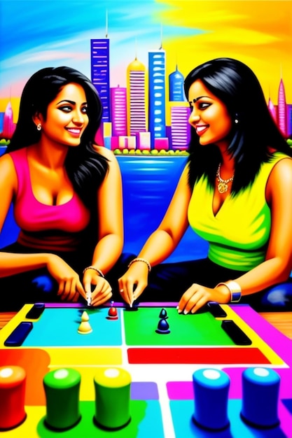 A vibrant painting of two friends playing a game