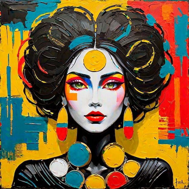 A vibrant painting of a woman adorned with colorful makeup and earrings showcasing her unique beaut