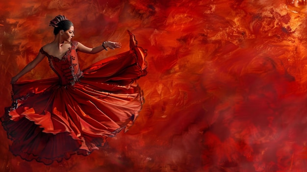 流れる赤いドレスを着て優雅にポーズをとっている女性の活発な絵画