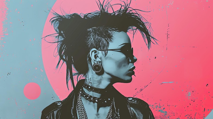 Photo a vibrant painting of a woman with punk hair exuding confidence and rebellion