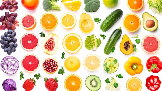 Vibrant Palette A Colorful Assortment of Fresh Fruits and Vegetables on a Pristine White Background