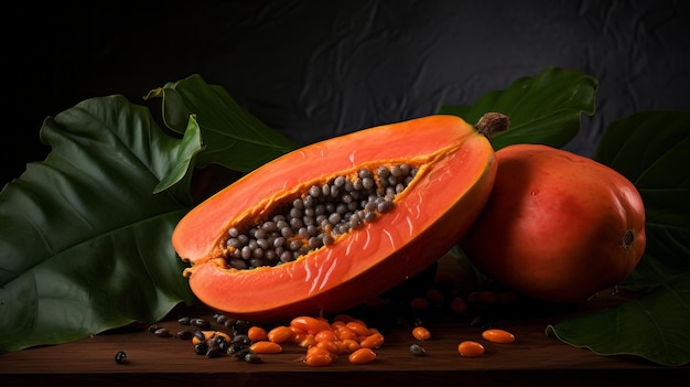 Vibrant Papaya Seed And Fruit On Wooden Background Stock Photo