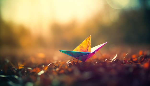 A vibrant paper sailboat sails on green waters at sunset generated by AI