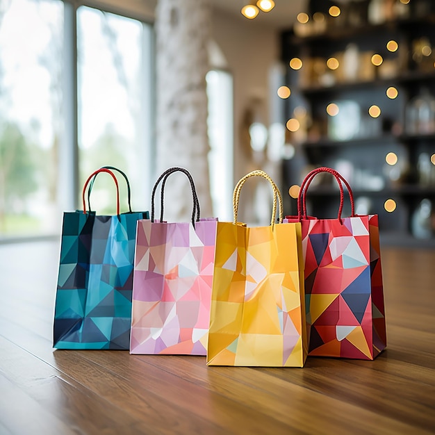 Vibrant paper shopping bags colorful collection on wooden floor