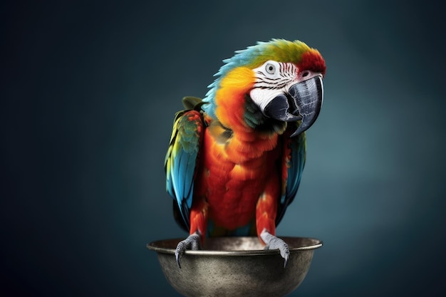 Vibrant parrot perched on a metallic bowl Generative AI