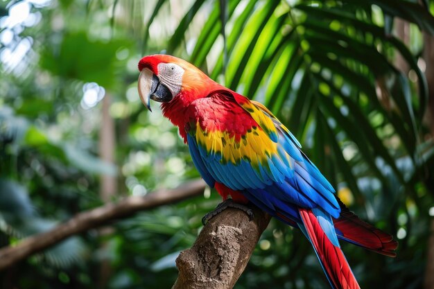 Foto un pappagallo vibrante con piume colorate è appoggiato su un ramo in questa fotografia un pappagalo colorato appoggiato in un albero tropicale