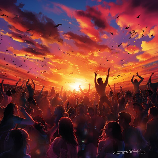 Vibrant party crowd banner against sunset sky