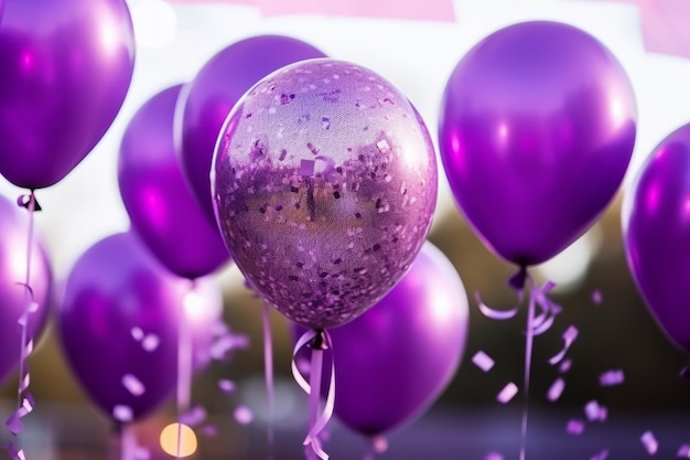 Vibrant party scene featuring purple balloons and bokeh background created using generative AI