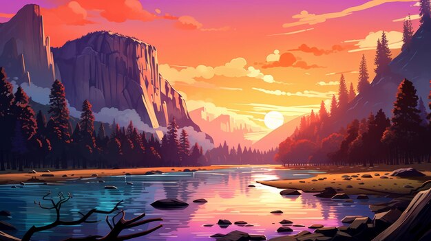 Photo vibrant pastel cartoon of yosemite national park at golden hour