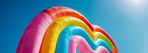 Vibrant Pastel Rainbow Balloon Minimalist Photo Under Clear Blue Sky