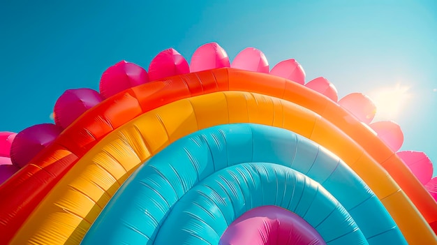 Vibrant Pastel Rainbow Inflatable Minimalist Photo Against Blue Sky
