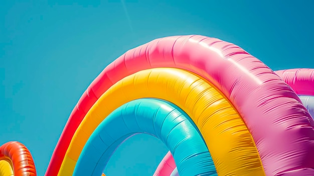 Vibrant Pastel Rainbow Inflatable Minimalist Photo Against Clear Blue Sky