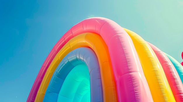 Vibrant Pastel Rainbow Inflatable Minimalist Photo Under Clear Blue Sky