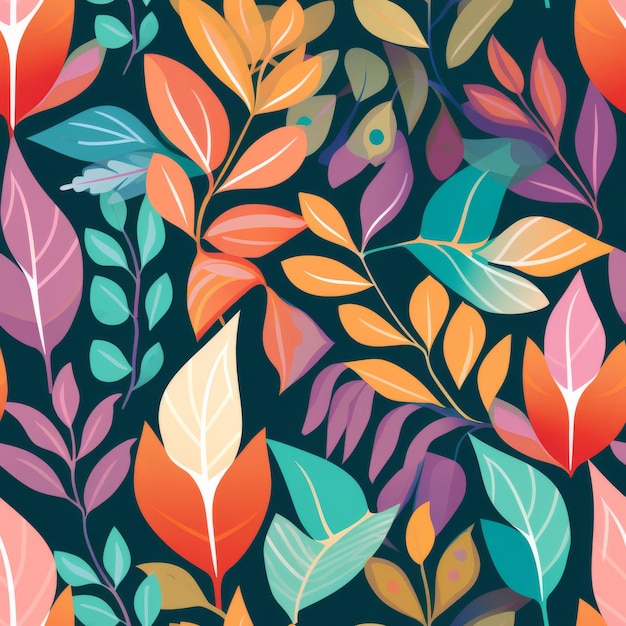 Vibrant Pattern of Colorful Leaves on a Black Background