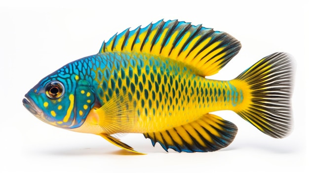 Vibrant Peacock Cichlid Afro-Caribbean geïnspireerde vis op witte achtergrond