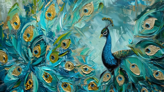 Vibrant peacock painting with a fusion of dynamic textures and colorful feather details