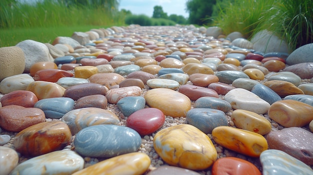 Vibrant Pebble Pathway in a Green Meadow During Daytime