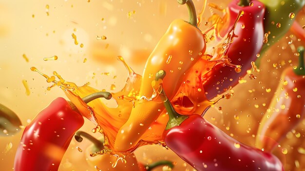 Photo vibrant pepper splash closeup photography of colorful peppers in wetdetailed