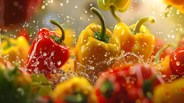 Photo vibrant peppers showered in refreshing splashes captivating produce for culinary and botanical