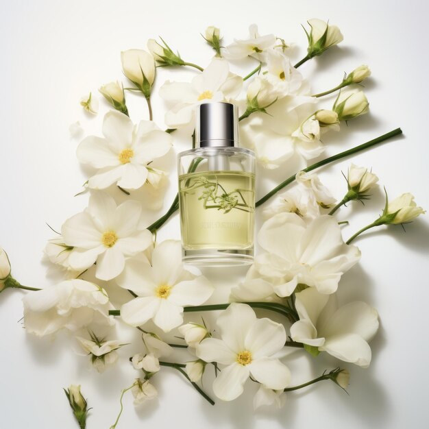 Фото Яркая бутылка с парфюмерией, окруженная белыми цветами на красивом фоне