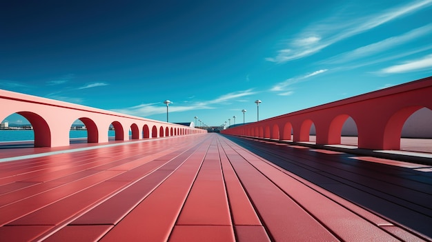 Vibrant perspectief uitzicht op een koraalrode brug tegen een heldere blauwe hemel Moderne architectuurconcept