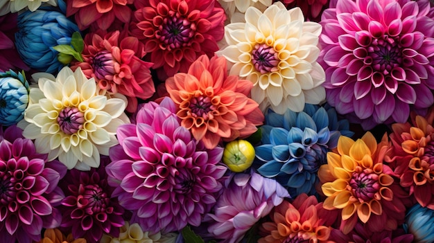 色とりどりのダリアの鮮やかな花びらが優雅さを象徴しています