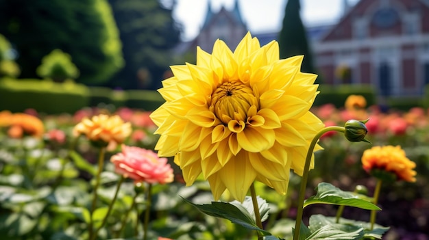 フォーマルな庭園にある黄色いダリアの鮮やかな花びら