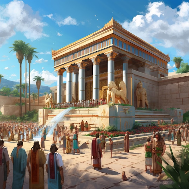 Vibrant Phoenician temple illustration ornate architecture statues of deities