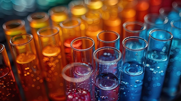 Яркая фотография красочных стеклянных труб в лабораторном научном оборудовании различных форм и размеров