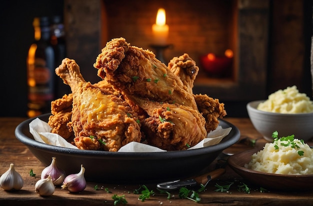 vibrant photo of Fried chicken served with a side of g