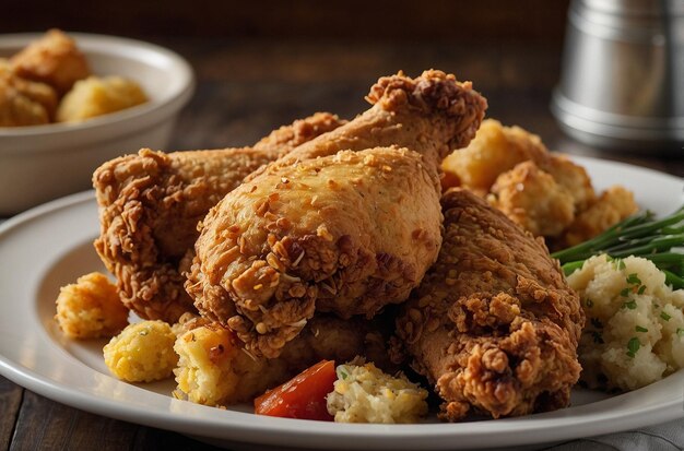 vibrant photo of Fried chicken served with a side of